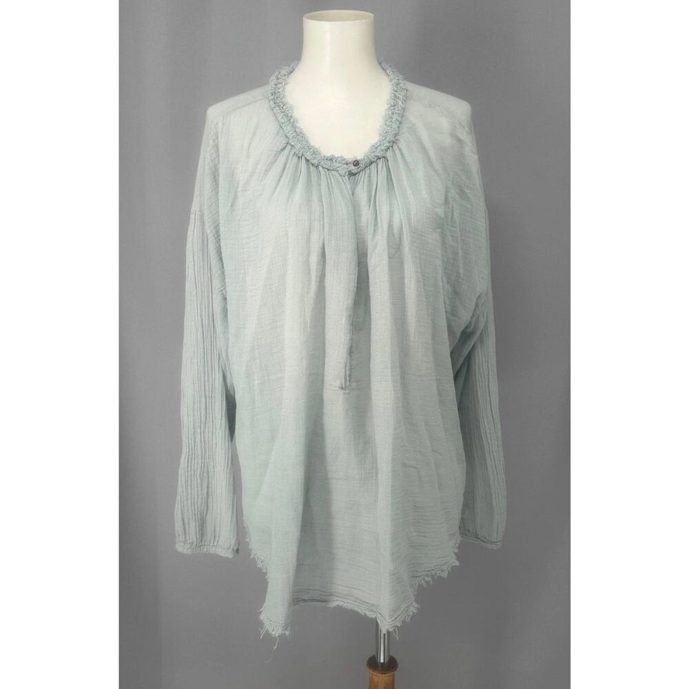 Raquel Allegra Shirt Womens M Blue 100% Cotton Ruffle Tunic Top Boho Peasant - Picture 1 of 10